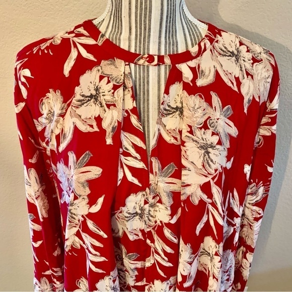 Cotton Candy Tunic Top Large Red Taupe Floral 100% Rayon Keyhole Flowy Boho - Picture 2 of 16